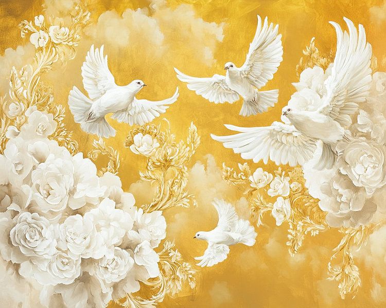 Golden Yellow Pigeons by ARTEO Paintings