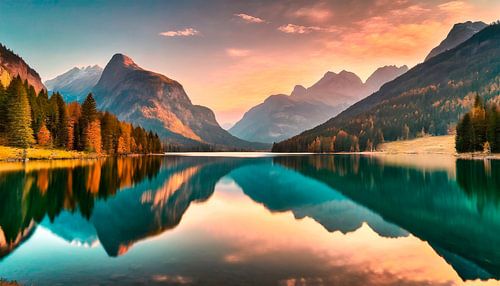Landscape with lake and sunset