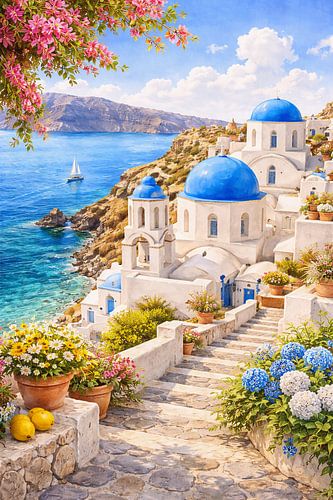 Santorini Blue Domes Over the Aegean Sea