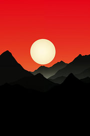 Die rote Sonne hinter den schwarzen Bergrücken von Minimal Blue