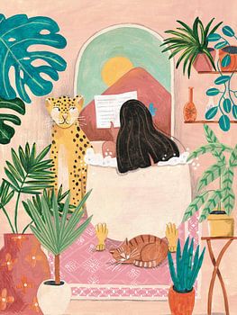 Woman taking bath in pink tropical bathroom