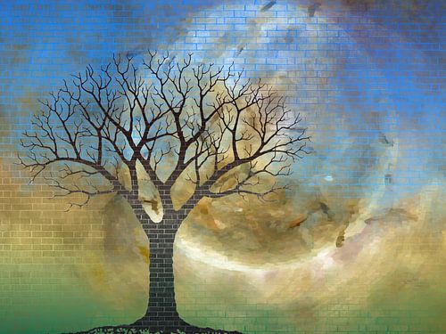 Tree and moon in blue and green