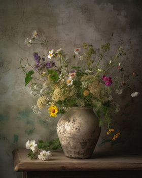 Nature morte rurale et atmosphérique avec bouquet de fleurs des champs