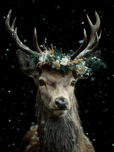 Cerf noble avec couronne de fleurs d'hiver