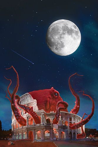 Raadselachtige Ontmoeting: De Karmozijnrode Octopus in het Oude Colosseum onder het Kosmische Gewelf