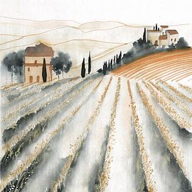 Paysage vallonné toscan avec vignobles et cyprès aux couleurs apaisantes sur Studio Pieternel