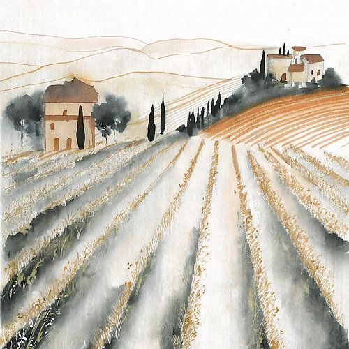 Toskanische Hügellandschaft mit Weinbergen und Zypressen in ruhigen Farben