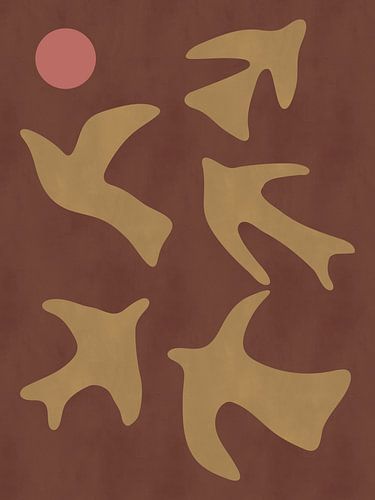 Œuvre d'art abstraite moderne, bohème, représentant un soleil et un oiseau, dans des tons ocres sur Dina Dankers