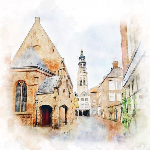 Watercolour painting of Nieuwstraat in Middelburg with Lange Jan in the background by Danny de Klerk