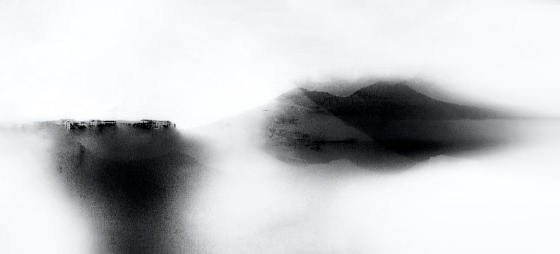 Japan Mountains Landscape Painting Black White by Mad Dog Art