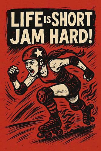 Life is short jam hard (roller derby. vrouwensport, jammer, tekening, tienerkamer, rolschaatsenstrijdlustig, rebel, rood)