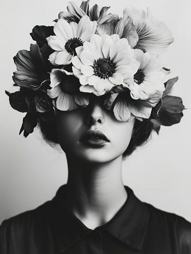 Woman with flowers in black and white