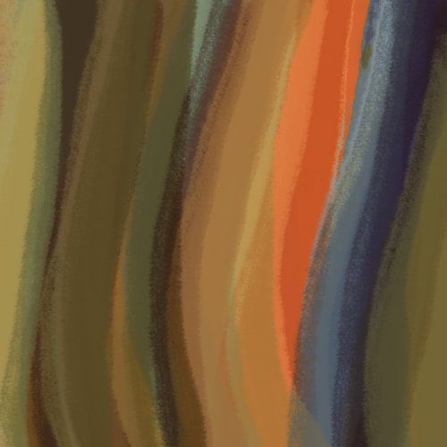 Modern abstract. Penseelstreken in olijfgroen, terracotta en violet.