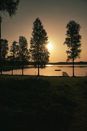 Sonnenlicht durchflutet den Wald am See mit Hütten, friedliche Naturidylle