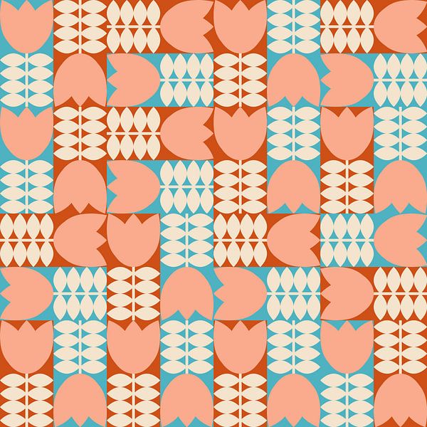 Retro 70s vintage style artwork in pink, blue, orange,white by Dina Dankers