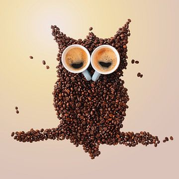 Sleepy owl made of coffee beans and cups
