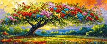 Levensboom in het kleurenspel van de avondzon - een dromerig panoramisch landschap vol bloemen en levende natuur van AidasignArt