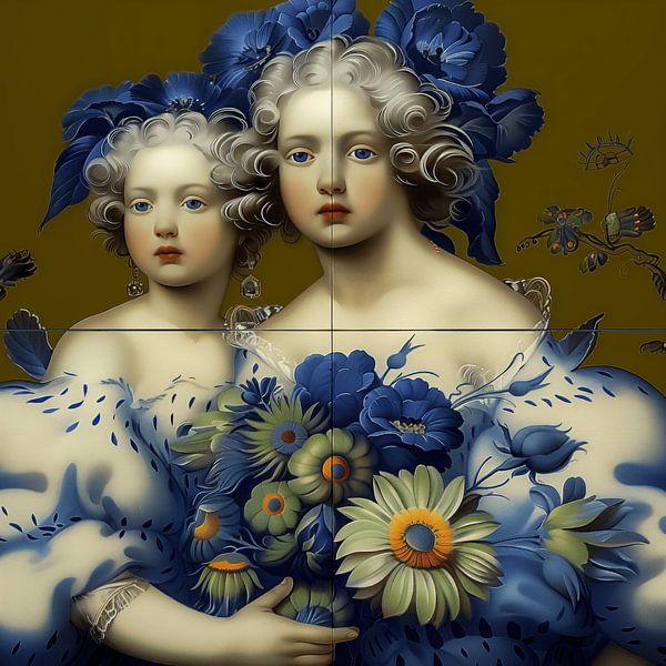 Niederländisches Kachelbild mit 2 Mädchen von Ton Kuijpers