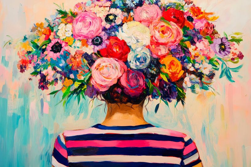 Vrouw met bloeiende hoofdtooi - Kleurrijk en levendig van Poster Art Shop