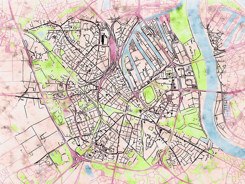 Map of Neuss with the style 'Soothing Spring' by Maporia