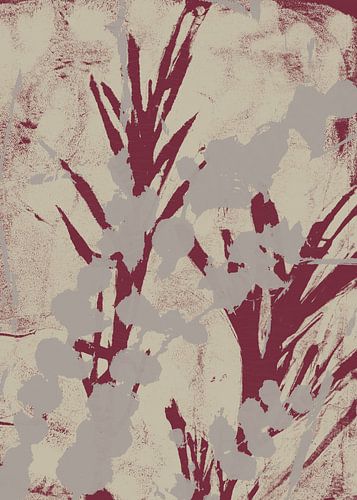 Botanisch abstract. Bladeren in wijnrood, lila en wit.