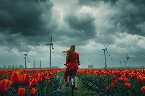 woman cycles through tulip field