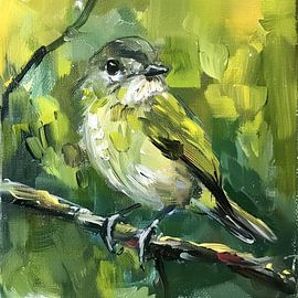 Vogel grün Ast Singvogel Licht Impressionismus Malerei