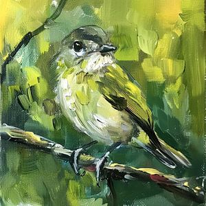 Vogel grün Ast Singvogel Licht Impressionismus Malerei