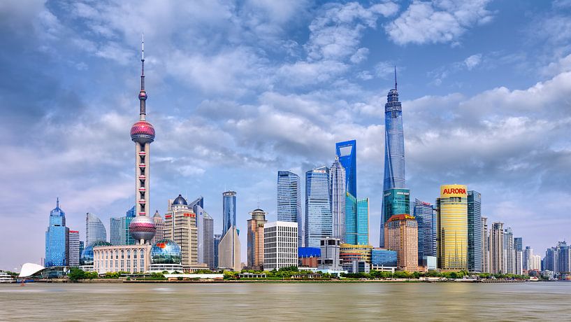 Skyline von Shanghai mit hohen Wolkenkratzern gegen einen blauen Himmel von Tony Vingerhoets