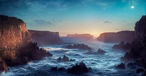 Sonnenuntergang über dem Ozean mit Klippen Art Illustration von Animaflora PicsStock