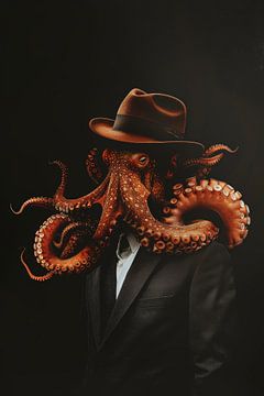 Rode octopus als maffiabaas gangster met zwarte achtergrond van Digitale Schilderijen