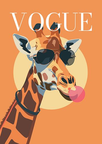 giraffe stylish wearing sunglasses blowing pink bubble gum vogue poster