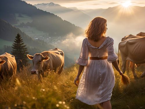 Vrouw met koeien in een weiland bij zonsondergang