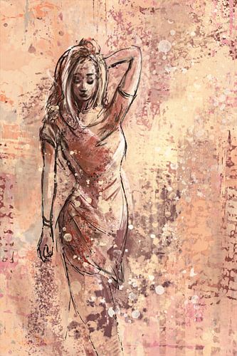 Vrouw in rood - in gedachten verzonken