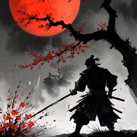 Japans samoerai silhouet onder rode maan van MIROKKU