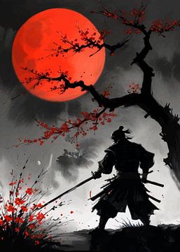 Japanische Samurai Silhouette unter rotem Mond von MIROKKU
