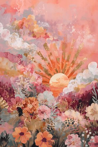 Romantic sunrise in a sea of blossoms