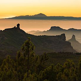 Dieses Bild zeigt deutlich den berühmten Roque Nublo und im Hintergrund die Silhouette des Teide auf Teneriffa – ein ikonisches Motiv! von Sven Hilscher