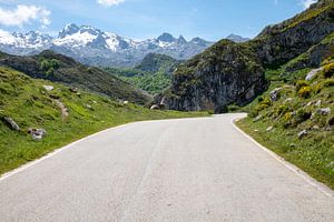 Malerische Bergstraße durch Natur und Landschaft mit schneebedeckten Gipfeln