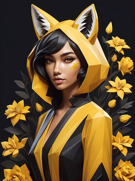 Low poly floral fox girl, black and yellow by 1xMerch