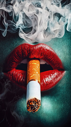 Crimson Smoke – Modern Surrealist Portrait of a Woman with Red Lips and a Cigarette