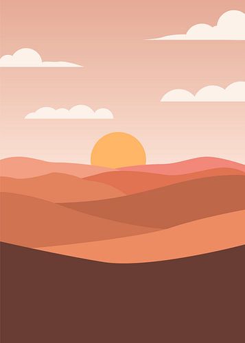 Décor minimaliste de style bohème représentant un paysage désertique, avec des dunes, un coucher de soleil et la silhouette d'un cactus, dans des tons chauds.