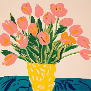Schilderij van een vaas met tulpen in pastelkleuren van Studio Allee