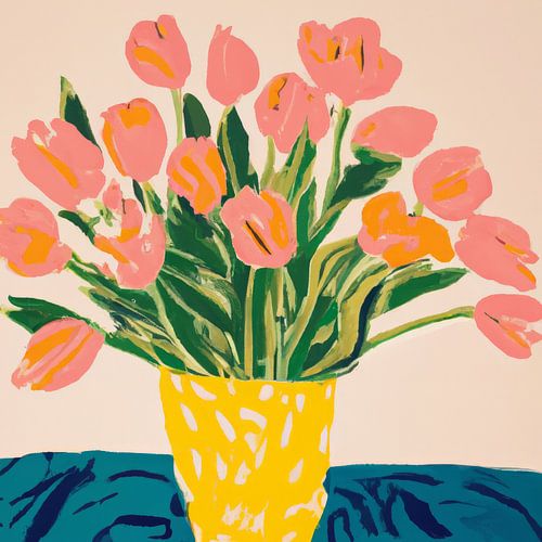 Gemälde einer Vase mit Tulpen in Pastellfarben