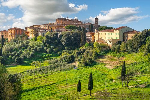 De skyline van het oude dorp Lari, Toscane, Italië