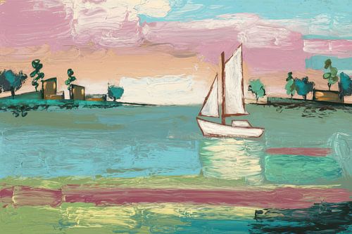 Zeilboot met pastel lucht