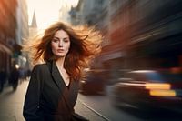 Portrait of a young woman in a busy city