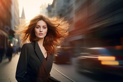 Portrait of a young woman in a busy city