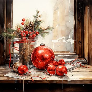 Kerststilleven raamdecoratie rode kerstballen kegels