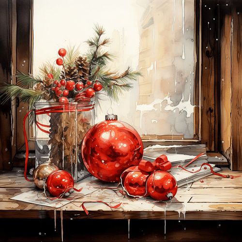 Kerststilleven raamdecoratie rode kerstballen kegels
